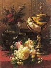 Bouquet Canvas Paintings - A Bouquet of Roses and other Flowers in a Glass Goblet with a Chinese Lacquer Box and a Nautilus Cup on a red Velvet draped Table